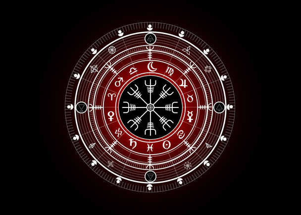 Wiccan symbol of protection. Vegvisir, The Viking Compass, Mystic Wicca divination. Ancient occult symbols, Earth Zodiac Wheel of the Year Wicca Astrological signs, vector isolated or black background - Vector, Image