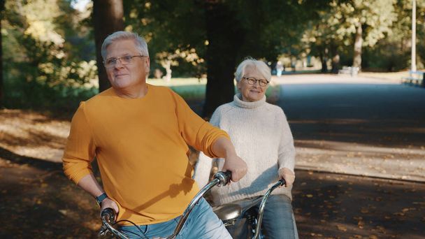 秋に二人乗りのシニアカップル。祖母と祖父が一緒にサイクリング。高齢者の健康的で活発なライフスタイル. - 写真・画像