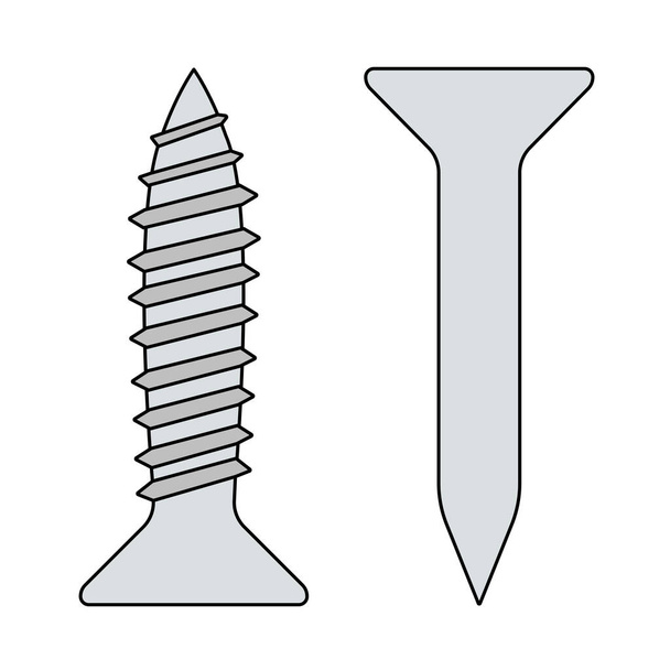 Icon Of Screw And Nail. Outline With Color Fill Design. Vector Illustration. - Vector, Image