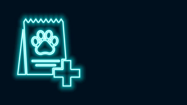 Ragyogó neon vonal Zacskó élelmiszer kutya ikon elszigetelt fekete alapon. Kutya- vagy macskamancs lenyomat. Állateledel. Állateledel csomag. 4K Videó mozgás grafikus animáció - Felvétel, videó