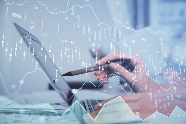 Multi exposure of woman hands typing on computer and financial graph hologram drawing. Stock market analysis concept. - Foto, imagen