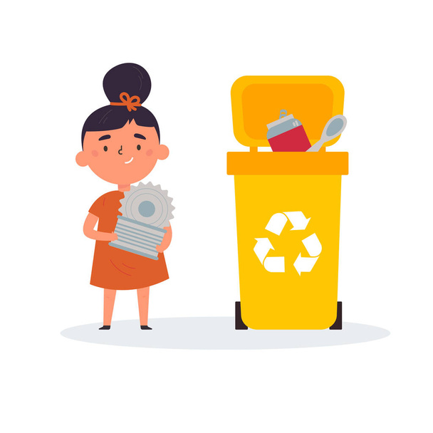 Χαριτωμένο κορίτσι διαλογή σκουπίδια και σκουπίδια για ανακύκλωση - Διάνυσμα, εικόνα