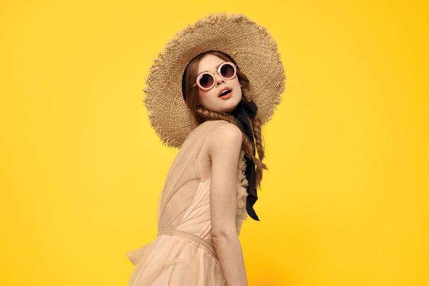 romantic lady in straw hat sunglasses model dress emotions - Foto, imagen
