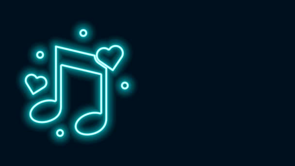 Linha de néon brilhante Nota musical, tom com corações ícone isolado no fundo preto. Animação gráfica em movimento de vídeo 4K - Filmagem, Vídeo