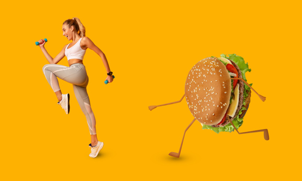 Γυναίκα τρέχει μακριά από Burger άσκηση απώλειας βάρους, κίτρινο φόντο - Φωτογραφία, εικόνα