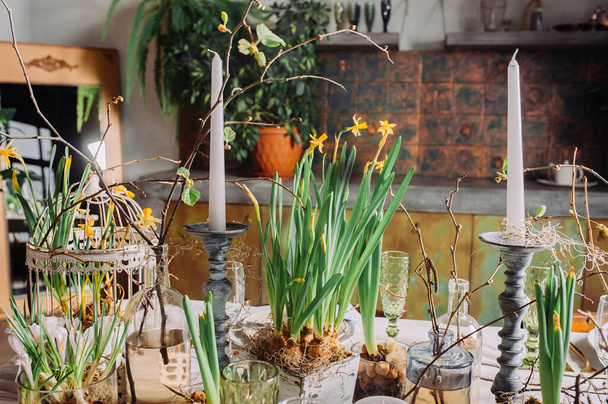 Pöydän kattaminen salaperäinen kevät tyyli eläviä kasveja ja oksat. Harmaa lasi ruokaa ja kasveja varten. Vintage pitkä hopea kynttilänjalka pitkä valkoinen kynttilä. - Valokuva, kuva