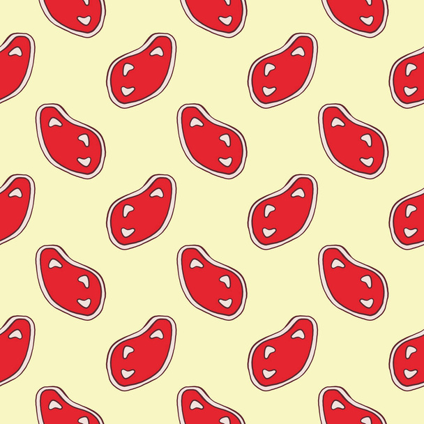 Delicious steak slices, seamless pattern on yellow background. - Vector, imagen