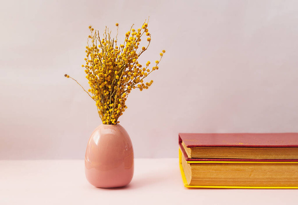 A beautiful spring bouquet of fresh Mimosa in a pink porcelain vase in the shape of an egg on a soft pink background with two vintage books in a hard red cover with old yellow pages. - Foto, Imagen