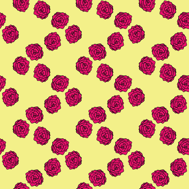 Pink roses, seamless pattern on yellow background. - Vector, Image
