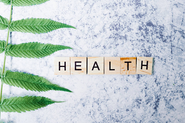 Der Schriftzug Gesundheit besteht aus kleinen Holzklötzen, die auf einem hölzernen Hintergrund mit einem grünen frischen grünen Blatt bedruckt sind. medizinisch vorgefertigte moderne Inhalte - Foto, Bild