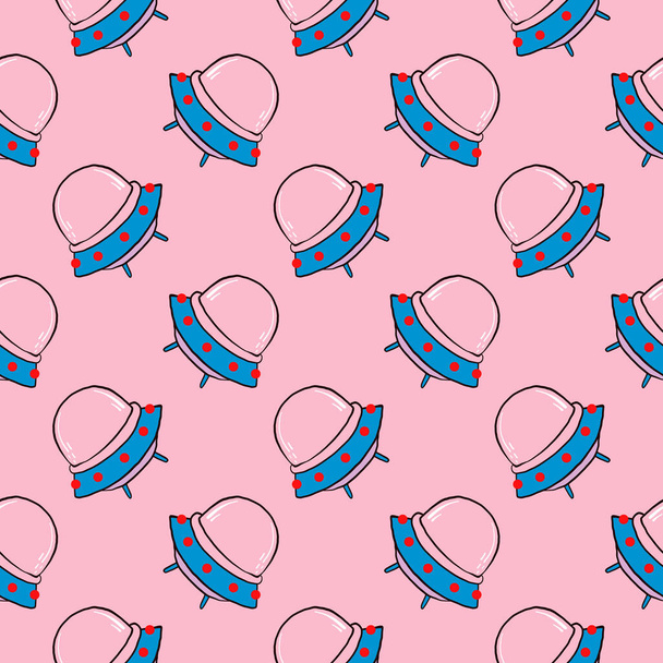 Little alien UFO,seamless pattern on pink background. - Вектор,изображение