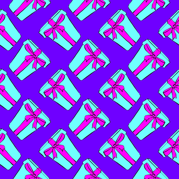 Blue present with a bow ,seamless pattern on violet background. - Вектор, зображення