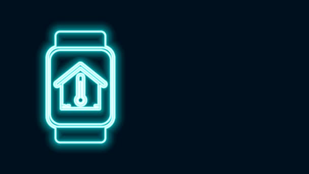 Светящаяся неоновая линия Умные часы с значком температуры дома изолированы на черном фоне. Значок термометра. Видеографическая анимация 4K - Кадры, видео