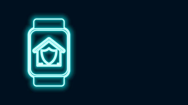 Świecący neon linii Smart watch z domu pod ikoną ochrony izolowane na czarnym tle. Ochrona, bezpieczeństwo, ochrona, ochrona, koncepcja obrony. 4K Animacja graficzna ruchu wideo - Materiał filmowy, wideo