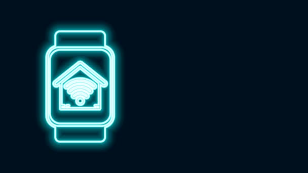 Leuchtende Neon-Linie Smart-Uhr mit Smart Home mit WLAN-Symbol isoliert auf schwarzem Hintergrund. Fernbedienung. 4K Video Motion Grafik Animation - Filmmaterial, Video