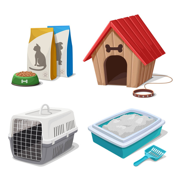 Vector de dibujos animados estilo veterinario gato y perro alimentos, portador, casa y caja de arena. - Vector, imagen