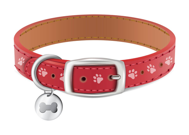 3D realistische vector hond of kat rode halsband met zilveren medaille. Geïsoleerd op witte achtergrond. - Vector, afbeelding