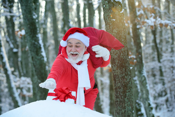 Santa Claus walking to the winter forest with a bag of gifts, snow landscape. Happy New Year. - Foto, imagen