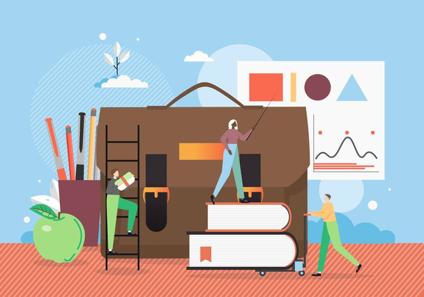 School education. Teacher female character with pointer standing on pile of books, flat vector illustration. - Vettoriali, immagini