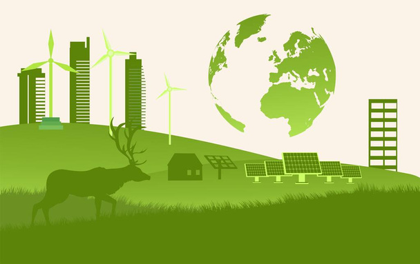 Illustration vectorielle du concept d'économie verte. silhouettes de cerfs, d'herbe et de collines - Vecteur, image