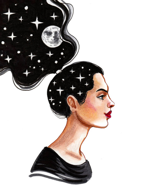 Pretty woman with moon and stars in her hair. Ink and watercolor drawing - Foto, Imagen