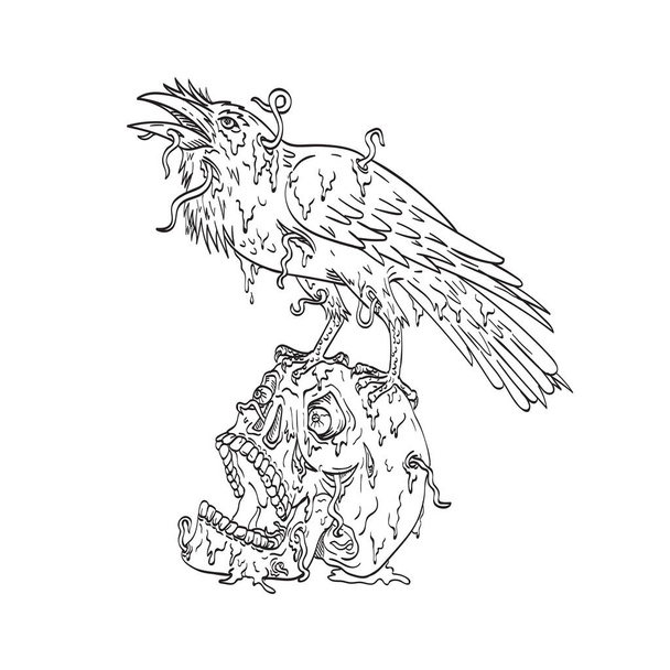 Рисунок линии рисунок ворона сидя на верхней части черепа человека, который капает земляным червем или заимствования червя выполнены в монолиновом стиле татуировки черно-белый. - Вектор,изображение