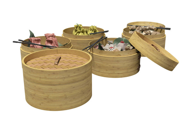 Dim Sum Çin yemeği konsepti turuncu arka planda gölgeli 3D görüntüleme - Fotoğraf, Görsel