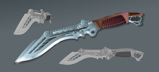 Realistic beautiful fantastic military dagger. Tactical Knife. Cold space weapons of the future. Technological advanced knife. Isolated - Vector, Image