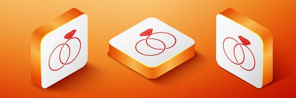 Isometric Wedding rings icon isolated on orange background. Bride and groom jewelery sign. Marriage icon. Diamond ring icon. Orange square button. Vector. - Vector, Image