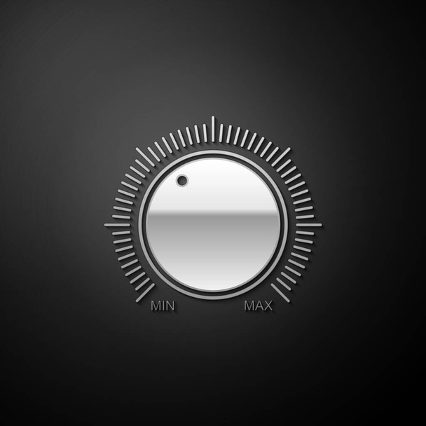 Silver Dial knob level technology settings icon isolated on black background. Volume button, sound control, music knob with scale, analog regulator. Long shadow style. Vector. - Vector, Image