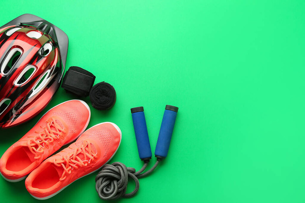 Set of sport equipment on color background - Photo, Image