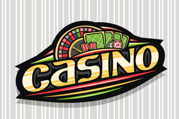 Vector logo for Casino, dark modern badge with illustration of top view roulette and green back playing cards, unique lettering for word casino, gambling sign board with decorative trendy line art. - Вектор, зображення