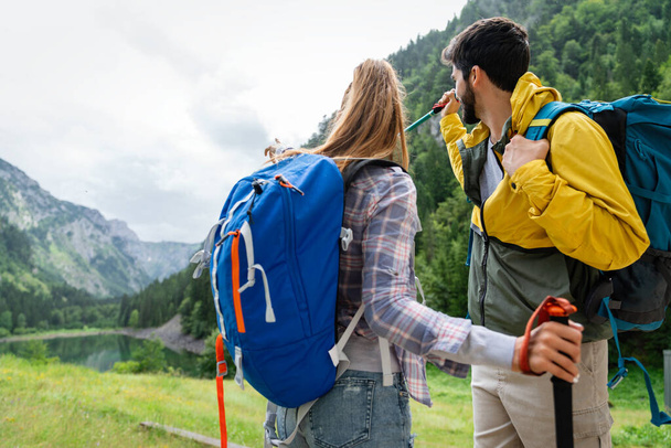 Backpacker camping hiking journey travel outdoor trekking concept - Фото, зображення