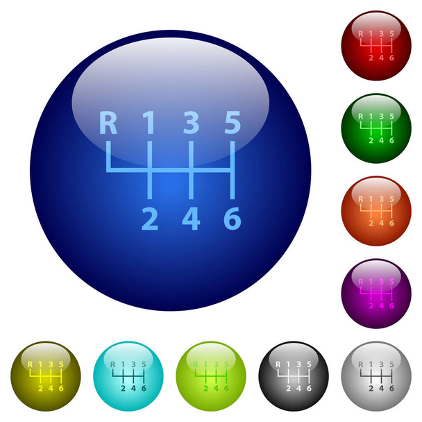 Шість піктограм ручного перемикання передач на круглих скляних кнопках у декількох кольорах. Структура розташованого шару
 - Вектор, зображення
