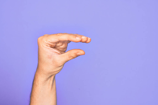 Hand van Kaukasische jongeman met vingers over geïsoleerde paarse achtergrond plukken en nemen onzichtbare ding, houden object met vingers tonen ruimte - Foto, afbeelding