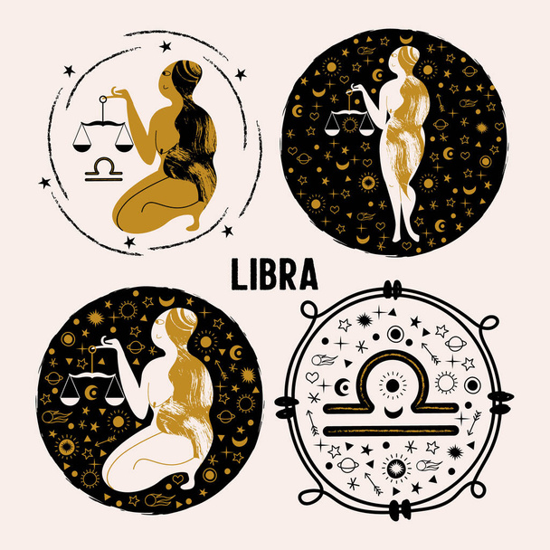 Balance. Constellation de Balance. Une femme nue tient une échelle entourée d'étoiles. Un ensemble d'emblèmes ronds vectoriels - Vecteur, image