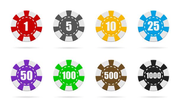 カジノのポーカーチップ.トークンまたはコインは白い背景に隔離されています。ラスベガスでのゲームのための赤、青、黒、緑、金のチップのセット。ギャンブルのアイコン。ルーレットのジャックポット。賭けのためのロゴ、遊ぶ。ベクトル. - ベクター画像