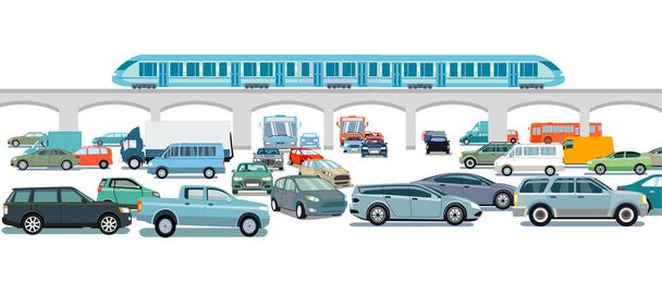 Εξπρές τρένο και αυτοκίνητα στη διασταύρωση - Διάνυσμα, εικόνα