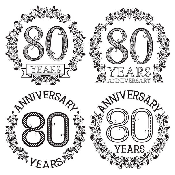 Conjunto de emblemas del ochenta aniversario. Signos de celebración estampados en estilo vintage. - Vector, Imagen