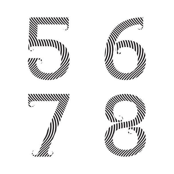 Five, six, seven, eight striped numbers with flourishes. Font of Zebra pattern. - Vector, Image