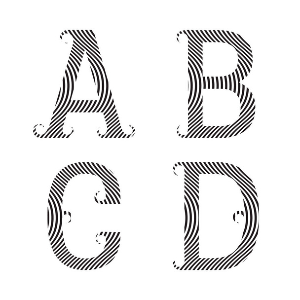 A, B, C, D black striped letters with flourishes. Font of Zebra pattern. - Vector, Image