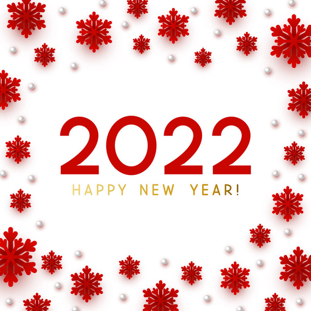 Neujahrskonzept - Zahlen 2022 auf rotem Hintergrund mit Papierschneeflocken für die Gestaltung der Winterferien - Vektor, Bild