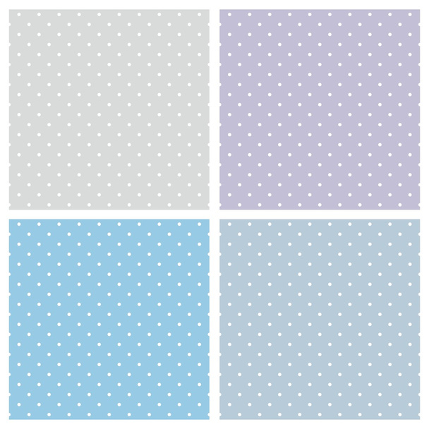 Blauwe achtergrond vectorset. Zoete naadloze patronen of texturen met witte stippen op pastel, kleurrijke achtergrond: babyblauw, grijs en violet - Vector, afbeelding