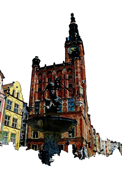 Aquarelschets of illustratie van een prachtig uitzicht op de architectuur van de stad Gdansk in Polen - Foto, afbeelding