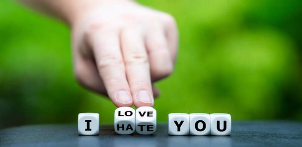 Mão vira dados e muda a expressão "Eu te odeio" para "Eu te amo". - Foto, Imagem