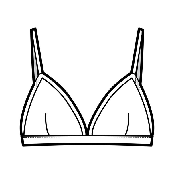 Triangle Bra lingerie technical fashion illustration with adjustable straps, hook-and-eye closure, sheer edge cups. Flat - ベクター画像