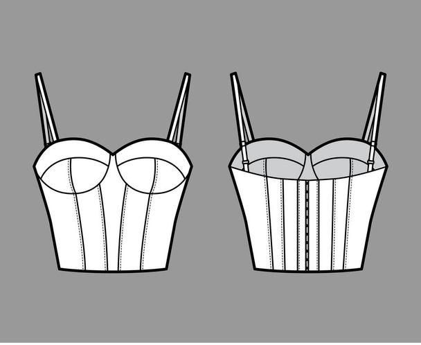 Sutiã longline lingerie técnica moda ilustração com alças ajustáveis, copo moldado, gancho-e-olho encerramento - Vetor, Imagem