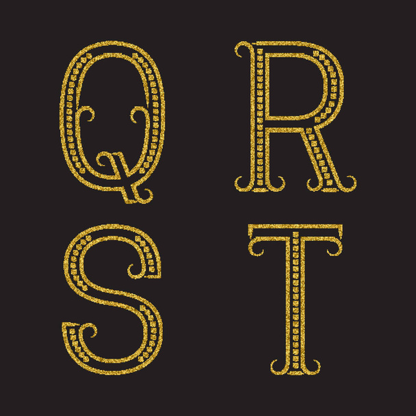 Q, R, S, T gouden letters van fonkelende stippen. Artistieke glinsterende lettertype met bloeit. - Vector, afbeelding