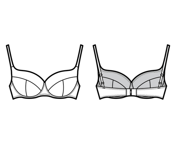 Bra lingerie technical fashion illustration with full adjustable shoulder straps, molded cups, hook-and-eye closure. - Vector, Image