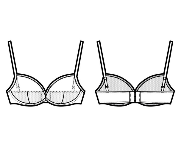 Широкий бюстгальтер білизни технічної моди ілюстрації з регульованими плечовими ременями, закриттям гака і очей. Плоскі бюстгальтери
 - Вектор, зображення